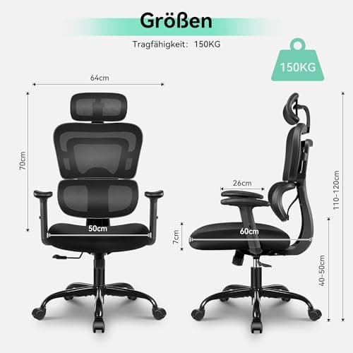DoChair Chaise de bureau ergonomique multifonction en maille - 3D - Appuie-tête - Accoudoirs réglables en hauteur - Soutien dorsal dynamique - 150 kg - Noir