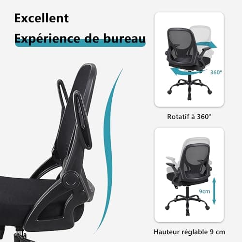 Flysky Chaise de Bureau, Chaise de Bureau Ergonomique, Chaise d'ordinateur réglable en Hauteur avec Support Lombaire et accoudoirs rabattables, Chaise de Direction pivotante, Noir