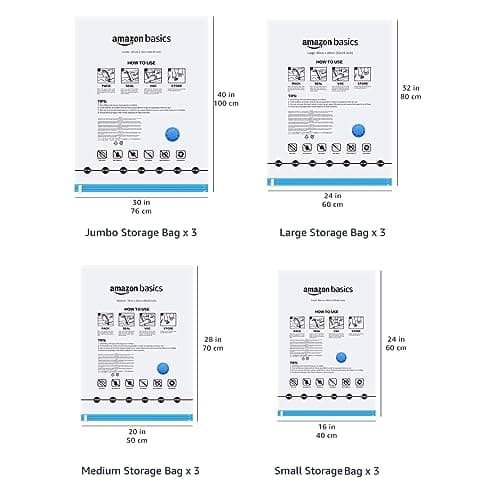 Amazon Basics de rangement sous vide avec pompe manuelle, Lot de 12, (3 jumbo, 3L, 3M, 3S), Fermeture éclair, Multiple, Blanc,bleu