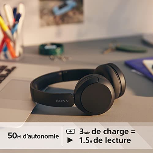 Sony WH-CH520 - Casque Bluetooth sans Fil, Multipoint, Micro intégré - jusqu'à 50 Heures d'autonomie et Charge Rapide - Noir