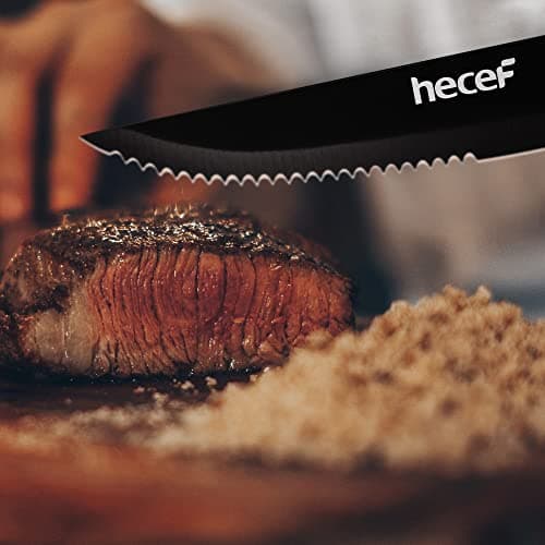 hecef Couteaux à Steak, 8 Pièces Couteaux de Table Aiguisés et Dentelés avec Manche Ergonomique, Set de Couteaux en Oxyde Noir, Couteau Viande en Acier Inoxydable, 12.7cm