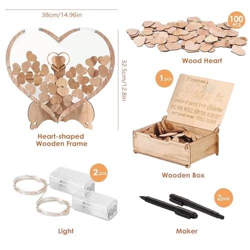 Arespark Livre d'or pour Le Mariage, Conjungo de décoration de Mariage en Bois Cœur, 100 Cœurs en Bois, boîte de Rangement,2 marqueurs,2 Barres Lumineuses, Cadeau, décoration