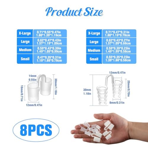 Dilatateur Nasal Dispositif Anti Ronflement Efficace, Lot de 8 Écarteur Nasal de Réduction des Ronflements Réutilisable, Pince-Nez pour Améliore Respiration Sommeil Confortable, 4 Tailles, 2 Types