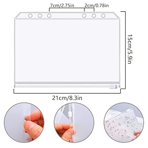 Pochettes Classeur 6 Anneaux A5 Pochette Plastique A5 Transparent Étanche PVC Dossiers à Glissière 6 Trous Sacs Zippés à Feuilles Mobiles pour Documents Cahiers Cartes Taille A5 12 Pièces