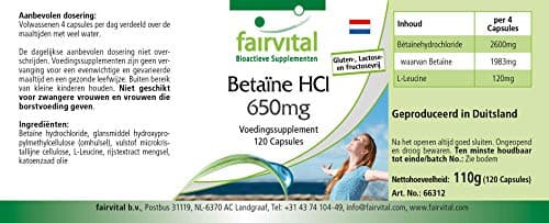 Fairvital | Betaine HCL 650mg - dose élevée - VEGAN - 120 capsules - chlorhydrate de bétaïne