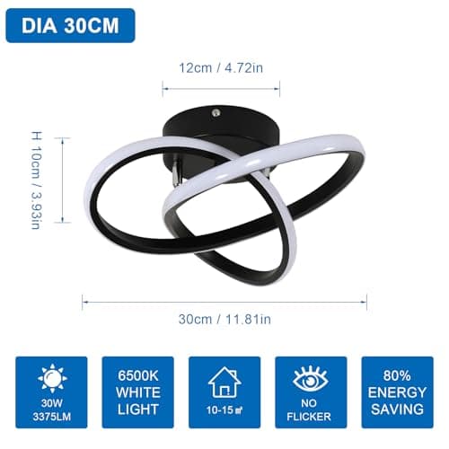 Comely Plafonnier LED Moderne, Luminaire Plafonnier Noir 30W 3375LM, Lampe de Plafond en Forme de Fleur pour Chambre à Coucher, Couloir, Cuisine, Salle de Bain, Lumière Blanche Froide 6500K Dia 30cm