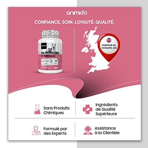 Vitamine Chien & Chat 365 Comprimés - 18 Minéraux & Vitamine pour Chien : Vitamine C, D, Vitamines B, Fer, Zinc, Calcium - Pour Santé Globale, Immunité, Peau, Poil, Articulations, Os, Digestion