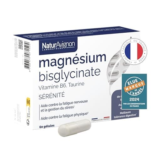 Laboratoire NaturAvignon Magnésium Bisglycinate + Taurine + Vitamine B6 | Haute absorption supérieure au magnésium marin | Fatigue nerveuse & physique, stress | Fabriqué en France | 60 gélules (1mois)