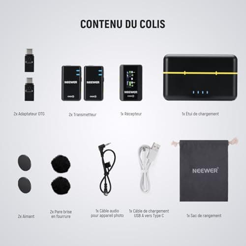 NEEWER CM28 Système de microphone cravate sans fil ,stockage de 4 Go pour 9 heures de 48 kHz 16 bits Micro cravate audio non compressé Compatible avec iPhone/Android/PC/appareil photo