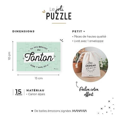 Manahia Puzzle Tonton - Annonce Grossesse - Tu Vas bientôt être Tonton, bébé t'aime déjà - 15 pièces avec Pochon Coton - Futur Oncle - Futur Tonton - Future Tata - Annonce Naissance Tonton