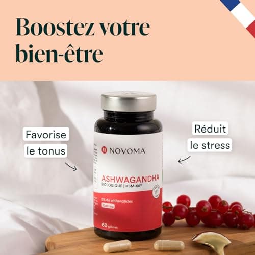 NOVOMA Ashwagandha KSM-66® 1000 mg, Anti-stress & Sommeil, 5% de Withanolides, 60 Gélules Vegan, Fabriqué en France