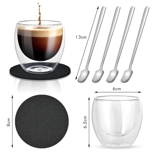 Cieex Ensemble Tasse Expresso Double Paroi de 80ml 4pcs Tasse Café ExpressO avec Cuillères et Dessous de Verre en Feutre