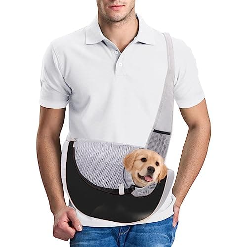 PETCUTE Sac de Transport pour Chien,Sac à Bandoulière pour Chat Chiot Réglable,Sac de Voyage pour Petits Animaux avec Pochette en Filet Respirant,Sac de Transport Chien pour Extérieur Marche,Noir,S