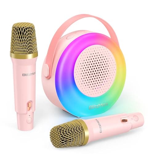 BlitzMax Micro Karaoke avec 2 Micro sans Fil, Karaoke Enfant Haut-Parleur Bluetooth Portable, Machine de Karaoké avec Lumières et Sons, Cadeau pour Enfants et Adultes, pour Fête et Voyage (Rose)