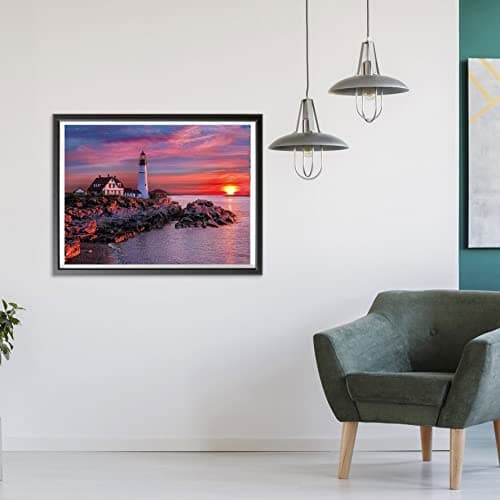 Showker 5D Kit Complet de Broderie Diamant Phare - Peinture Diamant Coucher De Soleil Rond Point de Croix - Décoration Murale pour Chambre, DIY Diamond Painting Maison 30x40cm