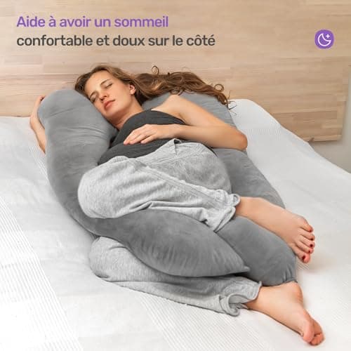 Nuliie Coussin de Grossesse pour Dormir, Oreiller de Corps Complet en Forme de U, Soutien pour Le Dos, Les Hanches et Les Jambes des Femmes Enceintes, avec Une Housse en Velours Lavable (Gris)