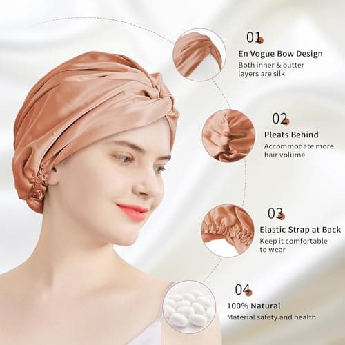 townssilk Bonnet de nuit 100% soie de mûrier pour femme, bonnet de nuit 16 momme en soie, bon pour les cheveux, protège les cheveux, bonnet de nuit en soie, double couche,Cinnamon