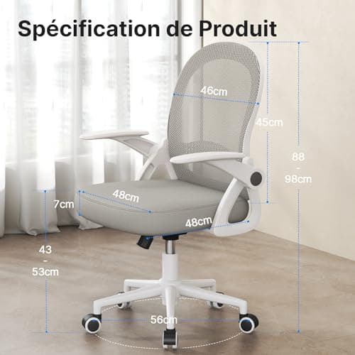 naspaluro Chaise de Bureau avec Accoudoir Relevable, Fauteuil de Bureau avec Soutien Lombaire, Siège Bureau avec Dossier Moyen de 45 cm, Hauteur d'Assise de 43 à 53 cm pour Maison/Bureau, Gris