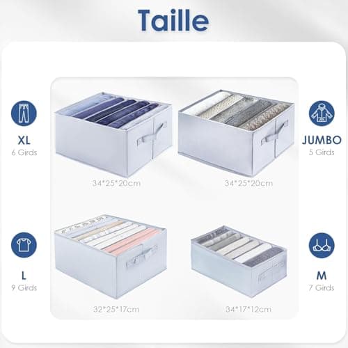 hinrey 4Pcs Rangement Vêtement de Garde-robe, Organisateur Tiroir avec Compartiments pour Jeans, Pliable et Lavable avec Poignée