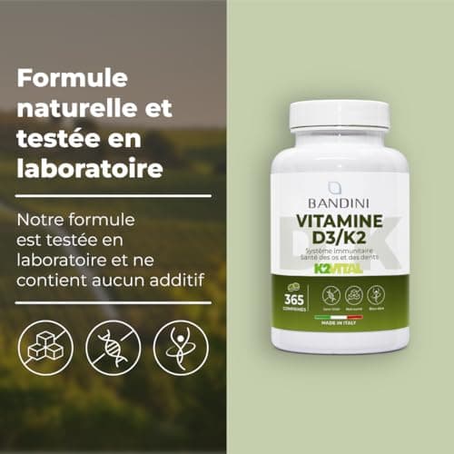 Bandini® Vitamine D3 K2 (MK7) Extra Fort 365 Comprimés (1 An) | 2000 UI Cholécalciférol + 200 mcg Ménaquinone| Pour les Os, les Muscles, le Système Immunitaire, les Dents | Vitamines D3 + K2 MK-7
