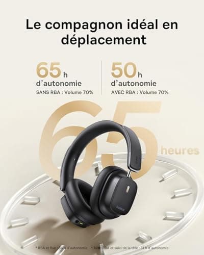 Baseus Casque Réduction De Bruit Active Avec Audio Spatial, Casque Sans-fil Bluetooth Avec LDAC Hi-Res Sound, 65H d'autonomie, Basses Profondes, Mode Transparence, EQ personnalisé via l'appli, Pliable