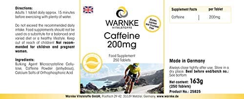 Caféine Comprimés 200mg - Haute Dose - Vegan - 250 Pièces | Warnke Vitalstoffe - Qualité des pharmacies allemandes