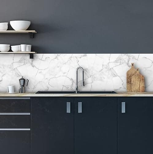 Crédence adhésive cuisine PVC 260_x_60_cm marbre blanc Rouleau adhesif decoratif 100% fabriqué en Italie, avec encre non toxique, ignifuge et résistant à l'eau