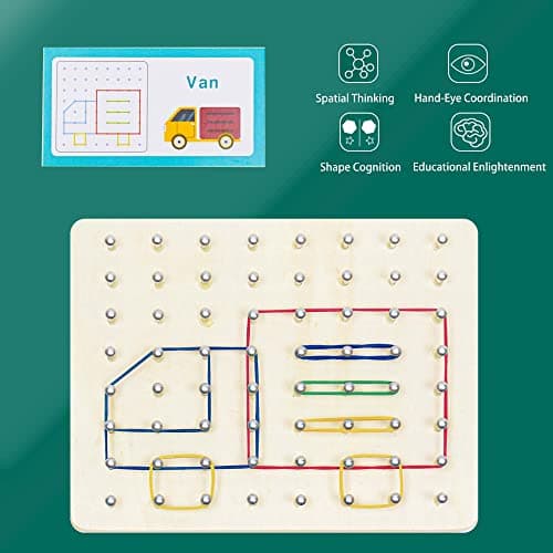 VingaHouse Géoboard en Bois avec Cartes, Jouet Montessori Géoboard en Bois Puzzle Montessori Toys 4 5 6 Jouet éducatif Cadeau pour Enfants de 3, 4, 5, 6 Ans