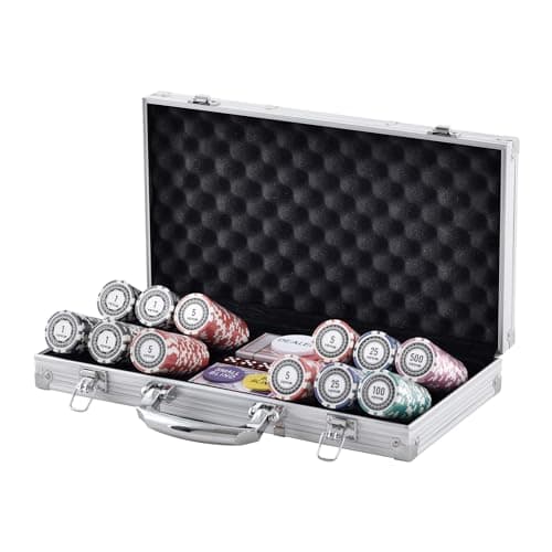 VEVOR Mallette de Poker 300 Jetons de Poker en Plastiques et Alu 11,5 g 40 x 3,3 mm avec 2 Jeux de Cartes 1 Bouton de Croupier et 2 Boutons Blind pour Blackjack Texas Jeux de Hasard Casino à Domicile