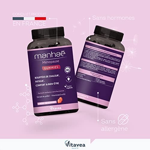 Manhaé - Ménopause Gummies - Complément alimentaire ménopause sans hormones - Bouffées de chaleur, fatigue, bien-être - Pollen BIO, Vitamine E, Vitamine B2-60 gummies saveur fruits rouges - 1 mois