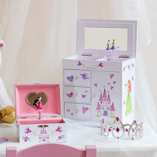 Jewelkeeper - boîte à bijoux princesse musicale, boite a bijoux musicale princesse fille avec 3 tiroirs de rangement, licorne et château au royaume des fées - mélodie danse de la fée dragée