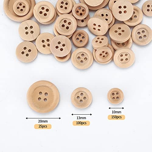 Kigniote Lot de 275 Boutons en Bois Forme Ronde Naturel Boutons Fait à la Main Forme Ronde pour Couture Enfants Vêtements Tricot Chapeaux et DIY Artisanat Décorations10 mm/13 mm/20 mm