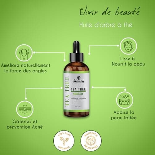 Kanzy Huile Essentielle Tea Tree Bio 60ml Naturelle Vegan Huile Arbre à Thé pour le Visage, Ongles et les Soins de la peau Huile