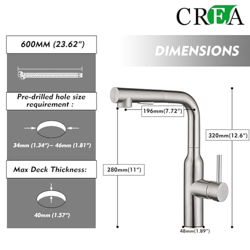CREA Robinet Mitigeur D'évier de Cuisine avec Douchette Extractible, Robinet pour Cuisine à Monolevier avec pulvérisation Nagnétique Rétractable, Acier Inoxydable brossé mat