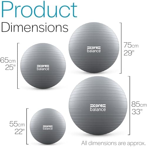 Core Balance, Ballon d’Exercices pour Entraînement Gymnastique, Fitness, Yoga, Grossesse - Antidérapant/Anti-Éclatement - Diamètre Disponible : 55cm 65cm 75cm 85cm avec 1 x Pompe