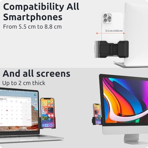 Phoneside One - Support Téléphone Portable Ordinateur, Support Telephone écran Ordinateur Smartphone Ajustable Universel iPhone 15 Pro Max/14 Pro/13/12 Mini, Samsung S23 Ultra/S22/S21/A52/A12 et autre