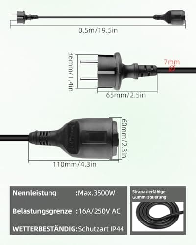 RIIEYOCA Câble d'extension Shucko,Schuko Europe mâle vers Femelle câble d'extension, 16A 250V, 2 pôles fiche d'alimentation avec Contact de Protection avec Capuchon pour PDU UPS, Noir, 0,5 m