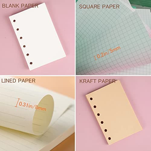 DY.2ten Lot de recharges A7 pour carnet de notes à 6 trous - 180 feuilles (recharges de papier quadrillé + papier ligné + papier kraft + papier vierge à feuilles volantes)