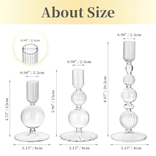 Bougeoir en Verre Hewory Bougies en bâton Décoration : Bougeoir à Bougie en Verre Transparent Bougies en Verre pour Le Salon, Le Mariage et la fête - Lot de 3