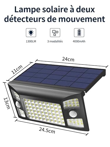 intelamp Lampe Solaire Exterieur, 4000mAh Lampe Solaire Exterieur Détecteur de Mouvement, 1300LM Projecteur Exterieur Solaire, adapté à la cour de la terrasse du garage du jardin