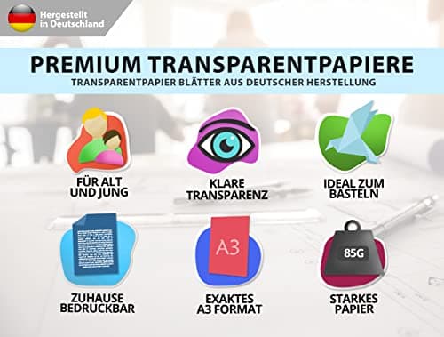 Papier calque blanc transparent imprimable - DIN A3 - Papier calque pour imprimer et bricoler - Couleur : blanc - Qualité supérieure 85 g/m2 - Fabriqué en Allemagne - À découper