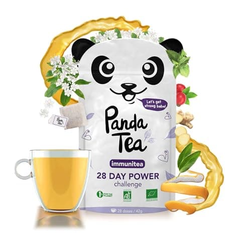 Panda Tea Thé Vert Immunitea | 28 Sachets Coton Bio | Renforce Défenses Naturelles | Gingembre, Menthe Poivrée, Sauge,Eucalyptus | Thé Défense Naturelle