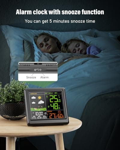 Station Météo Interieur Exterieur Sans Fil | Hygromètre Thermomètre Numérique Intérieur et Extérieur | Avec Horloge Numérique Alarme | Ecran LCD Couleur Rétro-Éclairé | Prévisions Météo | Noir