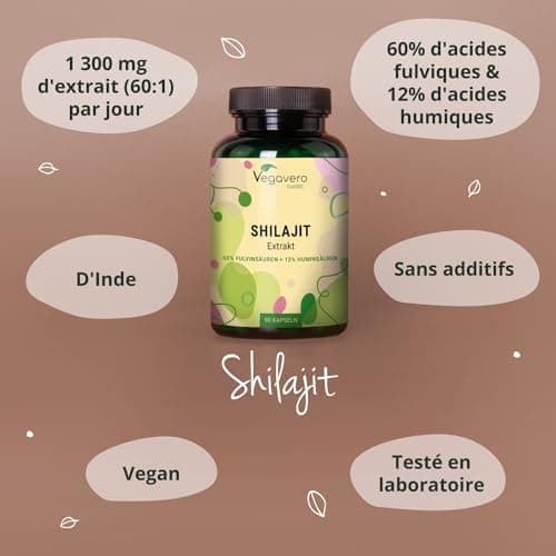 Shilajit Pure 78.000 mg Vegavero® | Extrait 60:1 | 60% Acides Fulviques + 12% Humiques | Résine de l'Himalaya | Energie + Immunité + Antioxydant | 90 Gélules | VEGAN & Sans Additifs