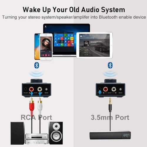 YMOO Recepteur Bluetooth 5.3, RCA 3,5 mm Jack AUX Adaptateur Bluetooth SBC AAC,Stereo Audio HiFi Receiver pour Smartphone, Tablette, Ordinateur Portable, Enceinte Home Cinema,100ft (Blue)