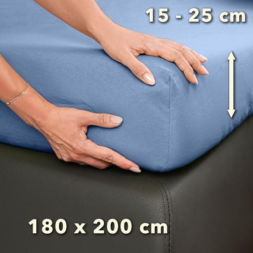 STUDIO Basic Drap Housse 180x200 cm, 100% Coton peigné, certifié Oeko-TEX 100, qualité de Marque, Drap de Matelas 180 x 200 jusqu'à 25 cm, Bleu Moyen