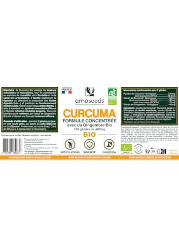 Curcuma BIO Haute Concentration | Avec Gingembre Bio | Curcumine Haute Absorption | Sans Pipérine | Articulations | 120 Gélules | Qualité Supérieure