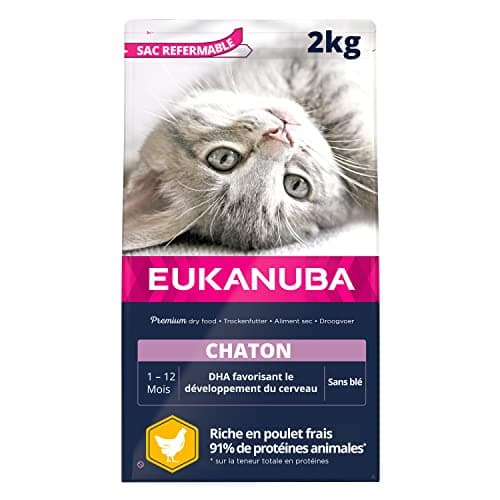 EUKANUBA - Croquettes Premium pour Chaton – Riche en Poulet Frais et en Riz – Favorise la croissance - Alimentation 100% Complète et Equilibrée – DHA – Sans Blé – Sans OGM - Sac refermable - 2kg