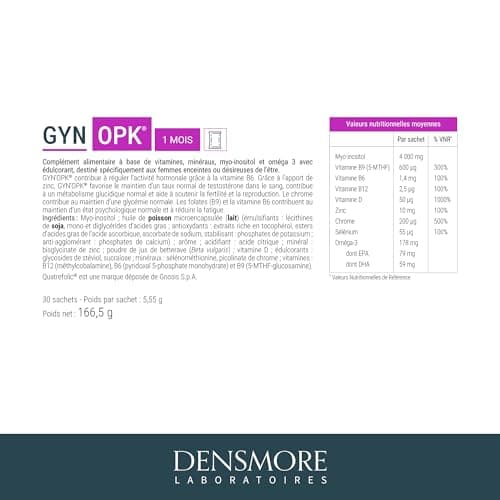 Densmore - GYN'OPK - Régulation hormonale et Glycémie - SOPK - Omega 3, Myo inositol, Acide folique, Zinc et Chrome - Complément alimentaire - 30 sachets - 1 mois