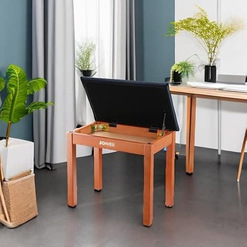 Donner Banc de Piano avec Rangement, Banc de Piano en Bois Massif avec Coussin en Daim Haute densité, Finition Bois